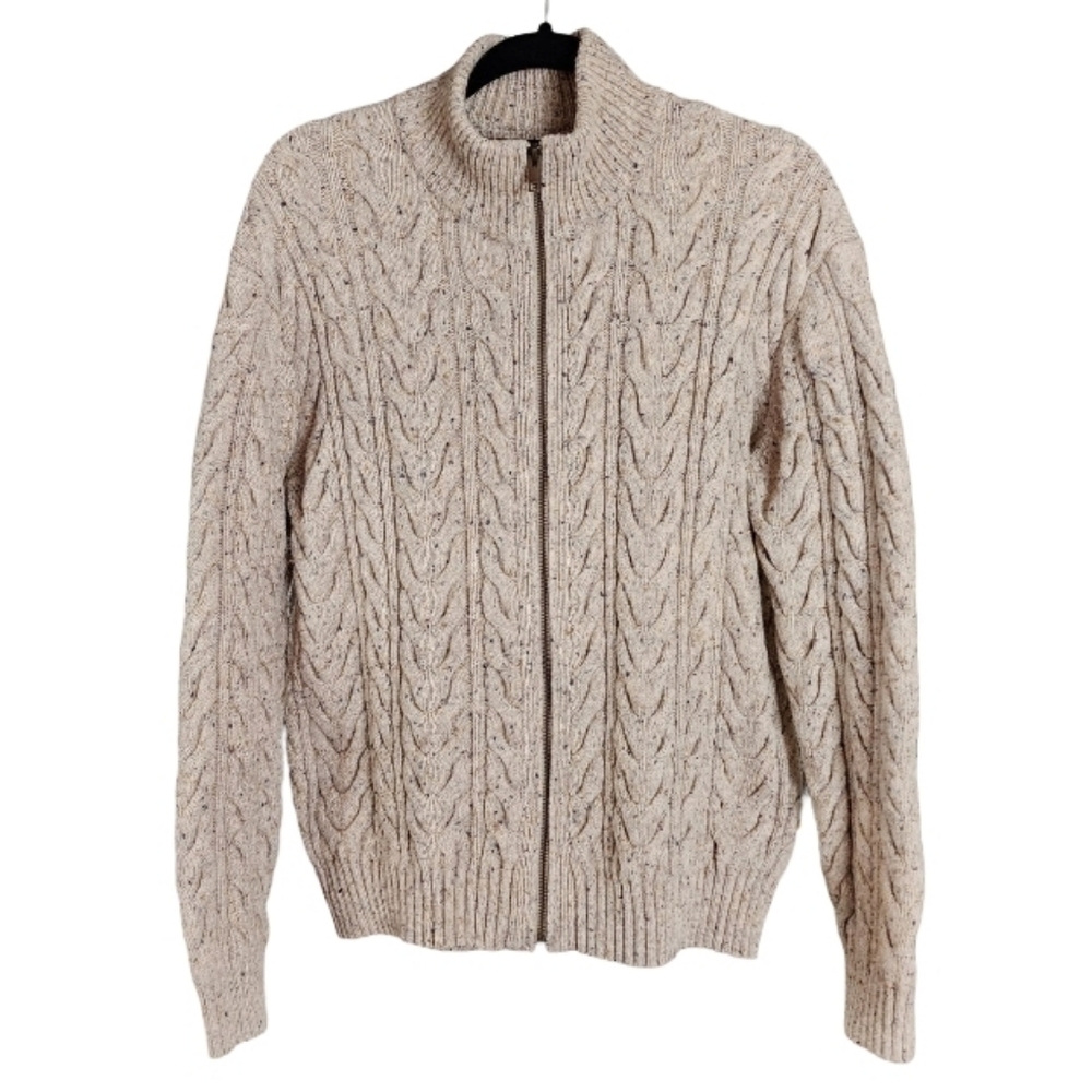 Banana Republic Cable Knit Zip Sweater Wool Blend Speckled‎ Beige Men's Medium